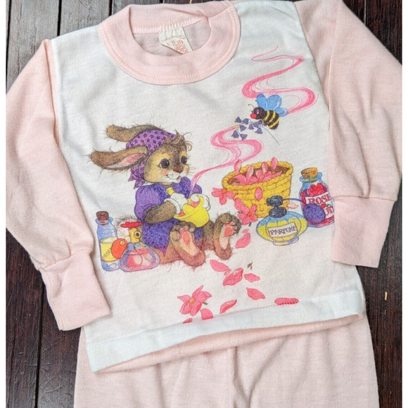 Vintage 80s Dr Denton's 2-Piece Footed Pajama Set Girls Jammie Size 3 Bunny Pink - Picture 1 of 8